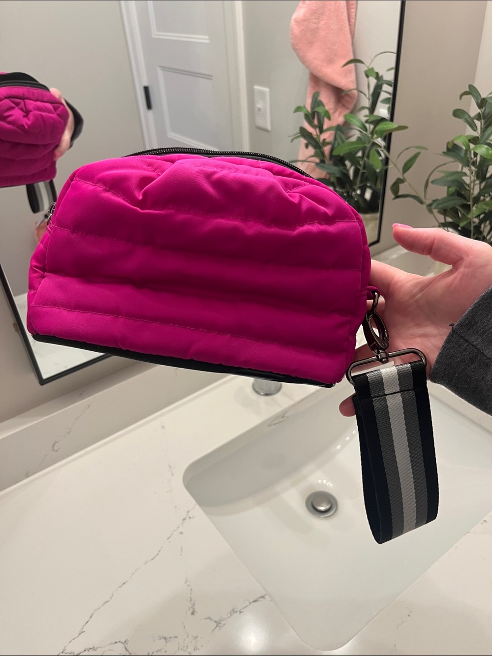THINK ROYLN Quilted Hot Pink Bag with Striped Wrist Strap